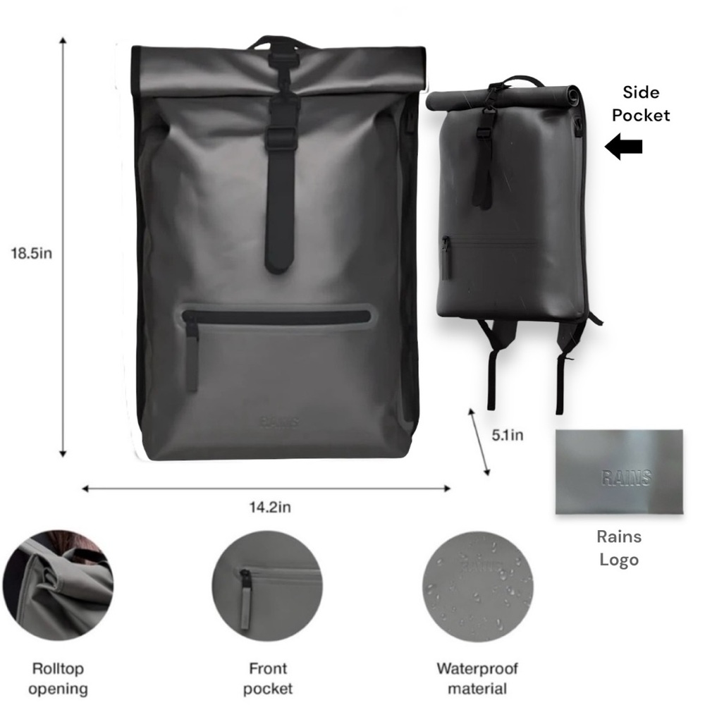 NWT Rains Waterproof Rolltop Rucksack Laptop Backpack In Metallic Grey
